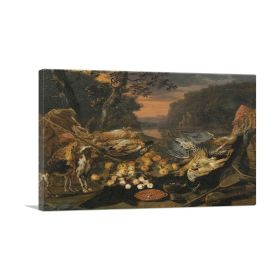 A Still Life With Game Hunting Gear And Two Dogs (Type: Standard Framed Canvas Print, size: 28" x 20" / 70cm x 50cm (approx))